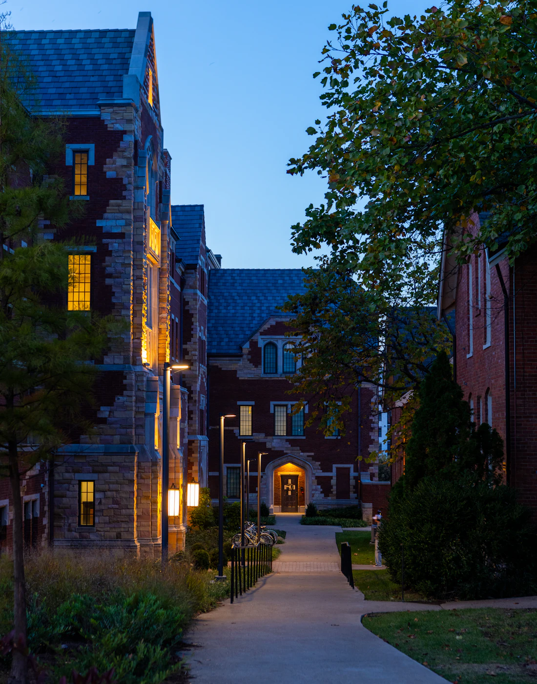 A campus pathway at dusk