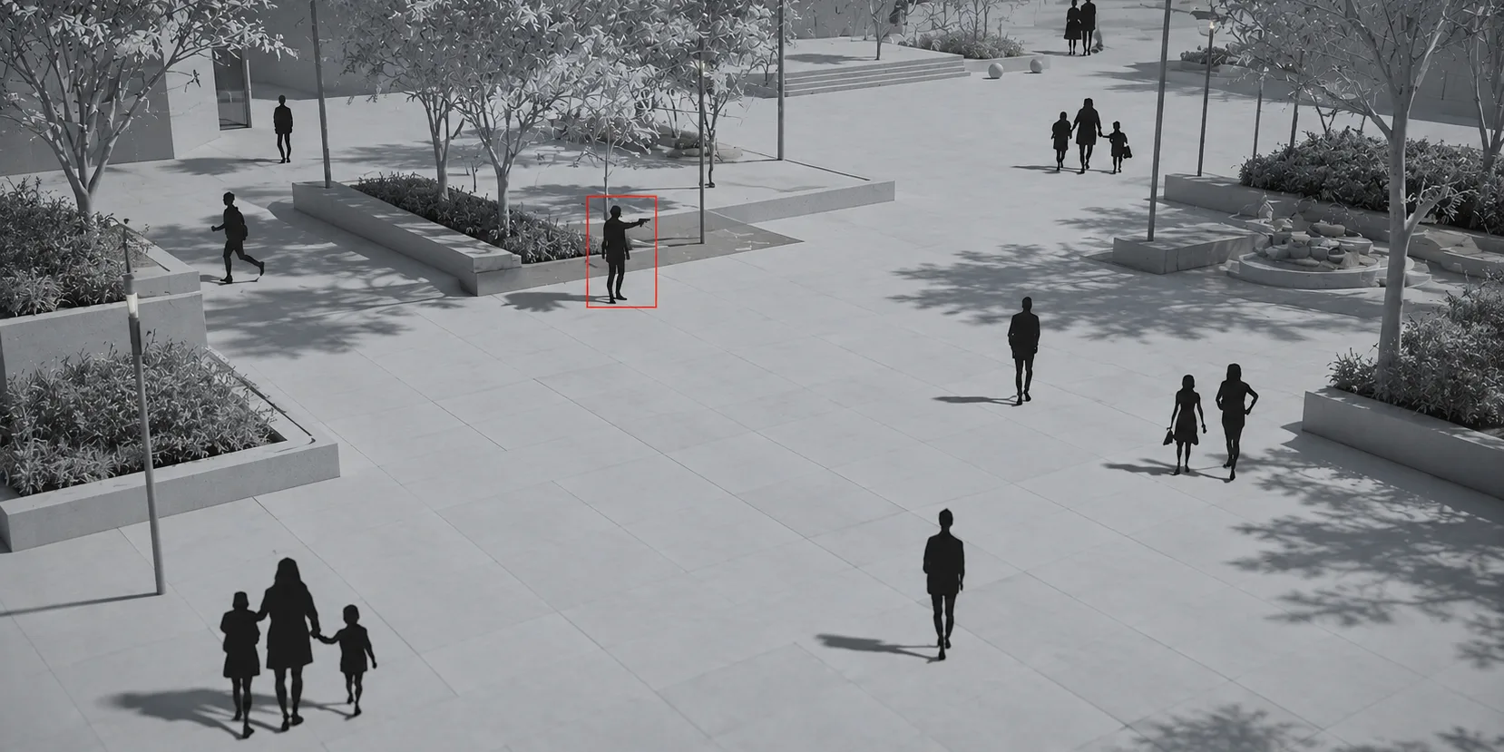 Illustration: an overhead camera view of a plaza rendered in grey, people shown as silhouettes, with a rectangle drawn around one figure holding a visible firearm.
