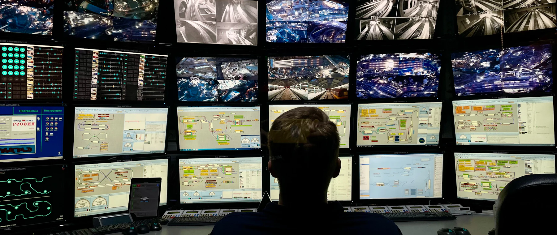 An operator seated in front of a wall of monitors, seen from behind